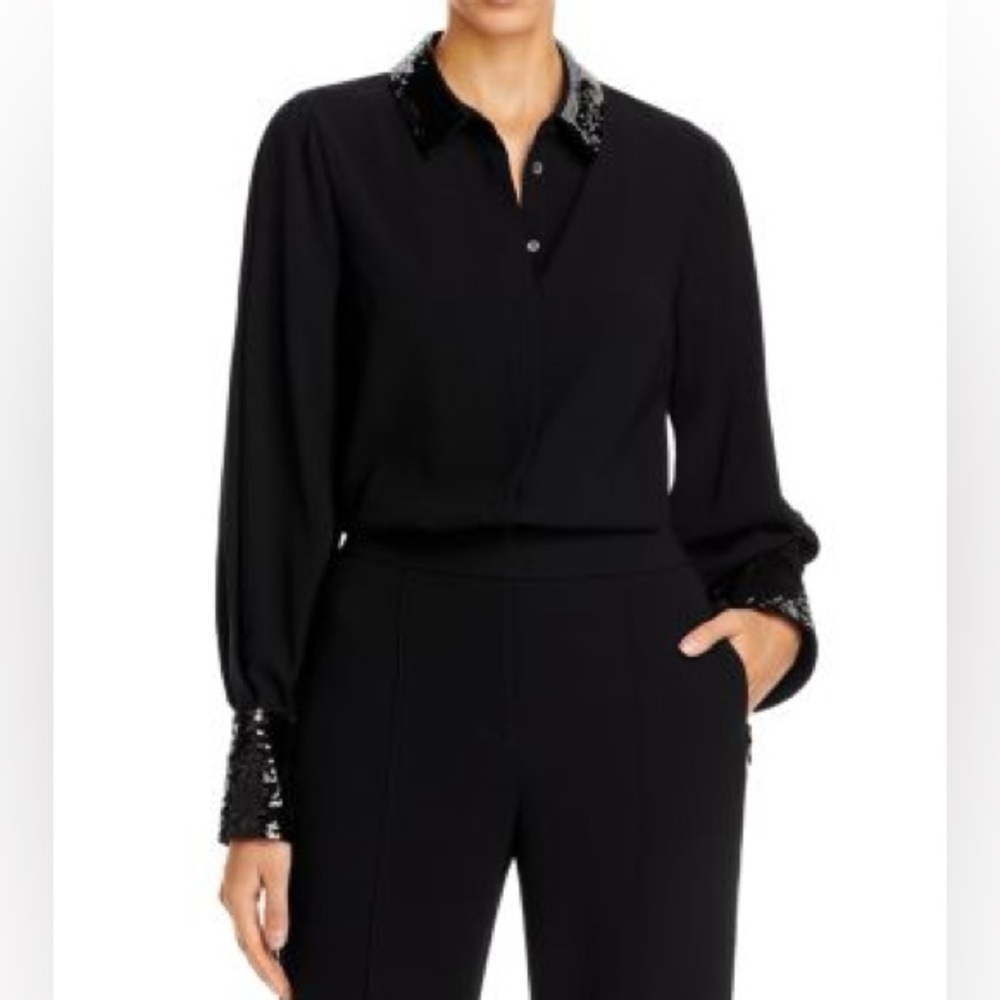 KOBI HALPERIN Linden Black Blouse w Sequin Cuffs & Collar Button Up Shirt
